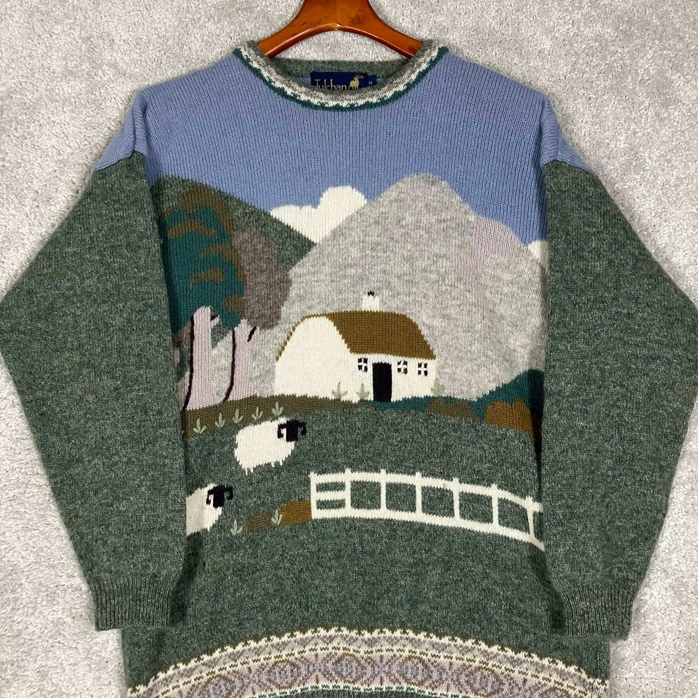 Tulchan Sweater Womens M Green Blue Wool Angora Cottagecore Sheep Scene Vintage